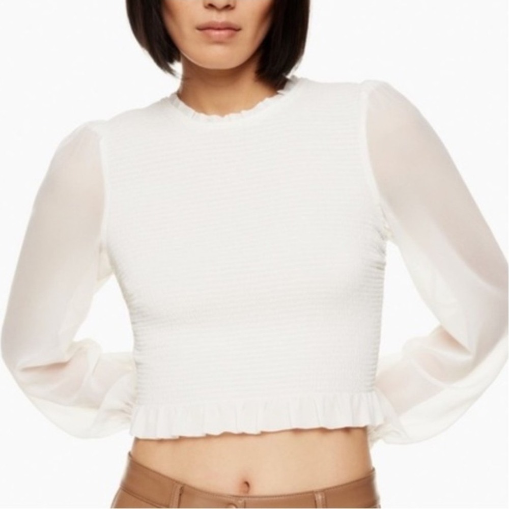 Aritzia Wilfred Tempest Blouse Sz XS 3/4 Sleeves Smocked Bodice White Ruffle Hem